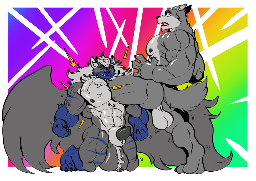 absorption_vore absurd_res anthro big_muscles big_pecs breast_vore breasts canid canine canis digestion duo flickrtail fur growth hi_res hybrid male male/male mammal multicolored_body multicolored_fur muscle_growth muscular muscular_anthro muscular_male nude pec_vore pecs pectoral_vore stripes trencalos vore wings