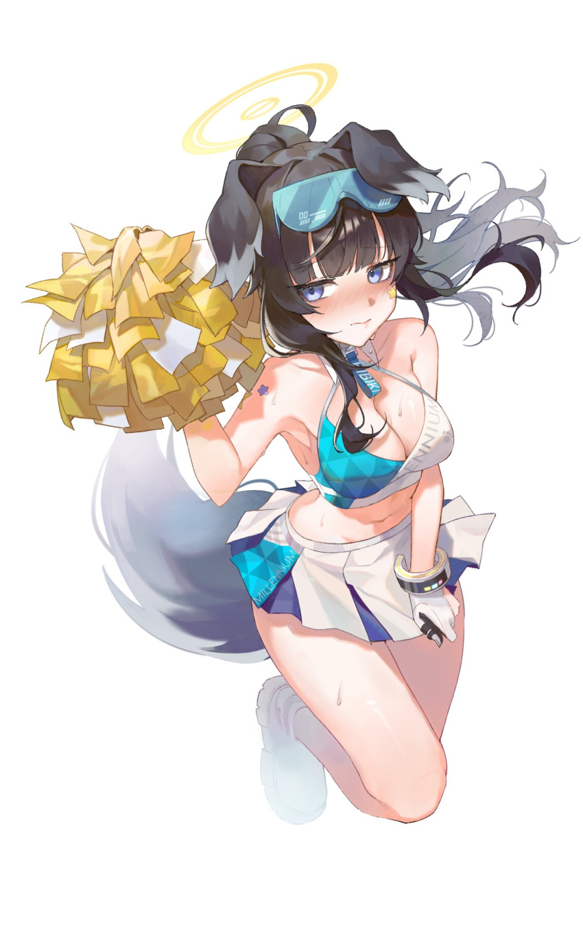 1girl angel animal_ears bangle bare_shoulders black_hair blue_archive blue_eyes blush bracelet breasts cheerleader cleavage closed_mouth clothes_pull crop_top eyewear_on_head gloves goggles halo hibiki_(blue_archive) hibiki_(cheerleader)_(blue_archive) highres jewelry large_breasts long_hair looking_at_viewer may.l midriff miniskirt navel pom_pom_(cheerleading) ponytail shoes simple_background skirt skirt_pull solo sunglasses thighs white_background white_footwear white_gloves white_skirt