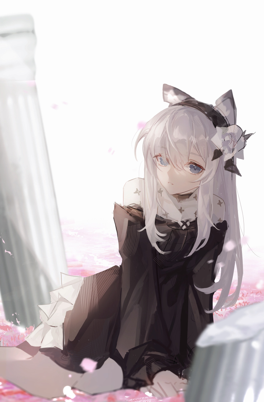1girl absurdres animal_ears arknights arm_support black_dress black_hairband blue_eyes column dress feet_out_of_frame flower hair_between_eyes hair_flower hair_ornament hairband heavyrain_(arknights) heavyrain_(tranquil_moss)_(arknights) highres horse_ears long_hair long_sleeves looking_at_viewer parted_lips pillar ponytail sidelocks solo tutututu white_flower white_hair