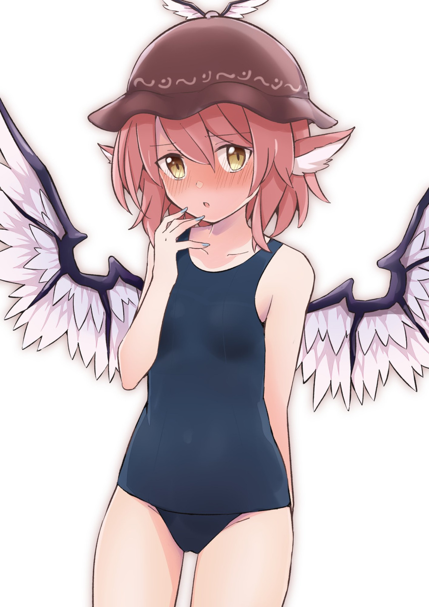 1girl animal_ears arm_behind_back bare_arms bare_shoulders bird_ears bird_wings black_one-piece_swimsuit blue_nails blush breasts brown_eyes brown_headwear collarbone commentary_request cowboy_shot feathered_wings hair_between_eyes hat highres looking_at_viewer medium_hair mystia_lorelei nail_polish old_school_swimsuit one-piece_swimsuit open_mouth pink_hair school_swimsuit simple_background small_breasts solo swimsuit touhou white_background winged_hat wings yutamaro