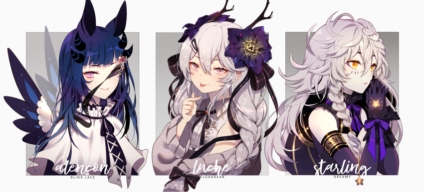 3girls alencon_(hen-tie) animal_ears antlers bare_shoulders black_bow black_bowtie black_collar black_horns black_ribbon black_shirt black_wings black_wrist_cuffs blue_hair blunt_ends border bow bowtie braid buttons capelet center_frills character_name closed_mouth collar collared_capelet collared_shirt cross-laced_clothes cross-laced_top deer_antlers elbow_gloves english_commentary eyelashes flower flower_request frilled_capelet frills gem_hair_ornament gloves grey_background grey_jacket hair_bow hair_flower hair_ornament hairclip hand_up hen-tie highres horns jacket light_frown long_hair long_sleeves looking_ahead looking_at_viewer luche_(hen-tie) marking_on_cheek multiple_girls multiple_hair_bows multiple_horns nail_polish neck_ribbon off_shoulder one_eye_covered original own_hands_clasped own_hands_together parted_lips pink_nails pointing pointing_at_viewer puffy_long_sleeves puffy_sleeves purple_bow purple_bowtie purple_eyes purple_flower purple_gloves purple_shirt ribbon shirt single_braid sleeve_bow sleeveless sleeveless_shirt smile starling_(hen-tie) striped striped_bow striped_bowtie striped_horns sweater_jacket teardrop_facial_mark tongue tongue_out twin_braids upper_body white_border white_capelet white_hair white_shirt wide_sleeves wings yellow_eyes