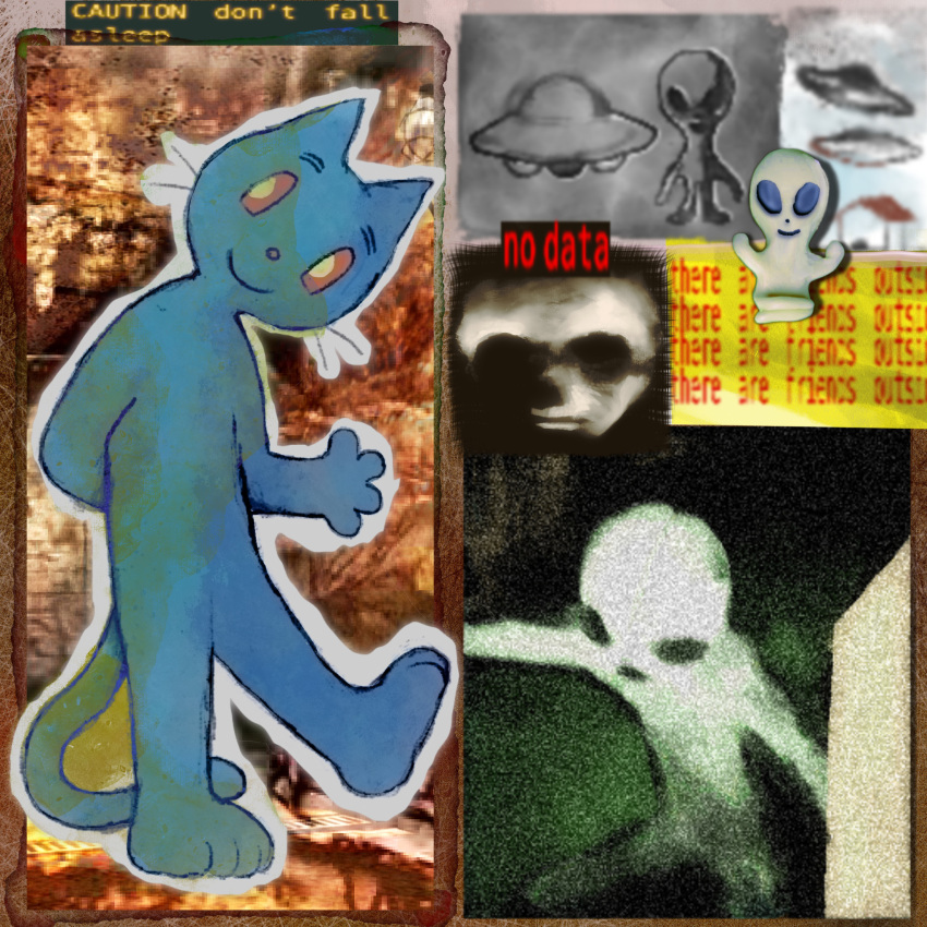 alien alien_humanoid ambiguous_gender anthro blue_body cat_tail domestic_cat english_text felid feline felis full-length_portrait hi_res humanoid looking_aside mammal plastiboo portrait prick_ears red_sclera roswell_grey smile standing text toony ufo whiskers