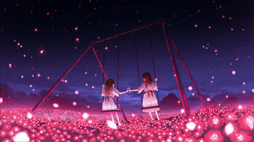 2girls absurdres brown_hair cloud dress field flower flower_field glowing_flower highres holding_hands long_hair multiple_girls night night_sky original outdoors scenery shuu_illust sitting sky swing swing_set white_dress