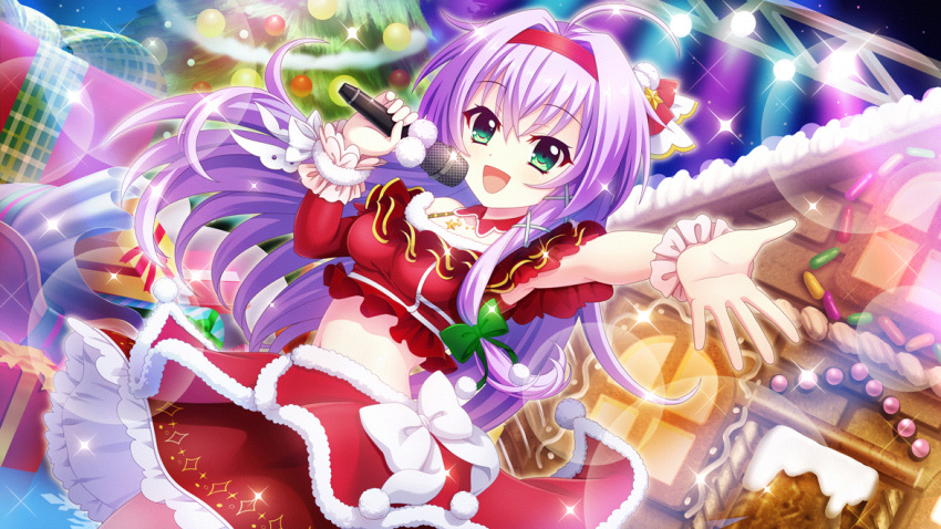 1girl :d ahoge box breasts christmas christmas_ornaments christmas_tree concert dot_nose dutch_angle film_grain fur-trimmed_skirt fur_trim game_cg gift gift_box gingerbread_house green_eyes hair_ribbon hairband hokaze_kanade holding holding_microphone izumi_tsubasu long_hair medium_breasts microphone midriff navel non-web_source official_art open_mouth purple_hair re:stage! red_hairband red_skirt ribbon scrunchie single_sleeve skirt smile solo stage stage_lights star_(symbol) white_ribbon white_scrunchie wrist_scrunchie