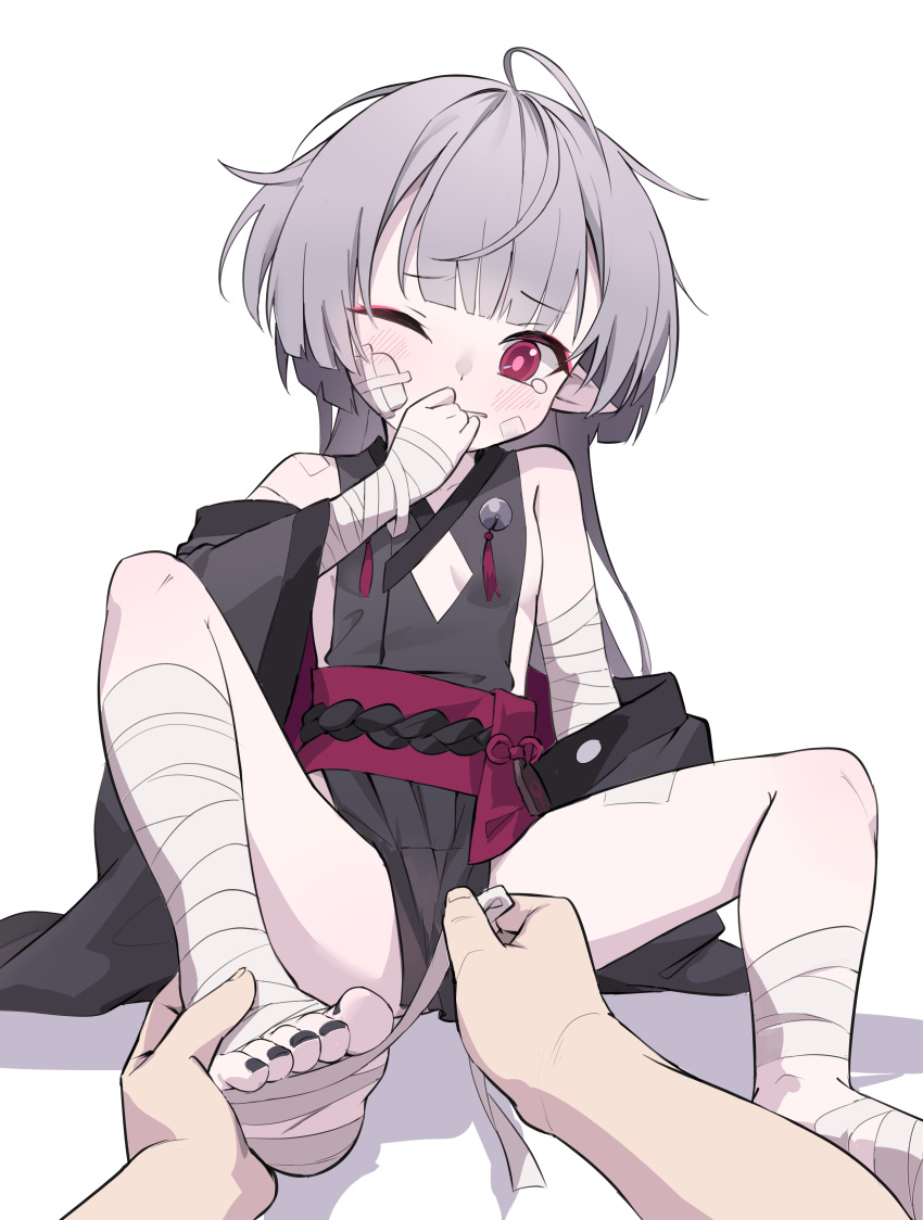 1girl absurdres applying_bandages bandaged_arm bandaged_foot bandaged_leg bandages black_kimono black_nails blue_archive blush breasts cleavage_cutout clothing_cutout commentary_request feet grey_hair highres hirotaka0125 japanese_clothes kimono legs long_hair nail_polish obi one_eye_closed pink_pupils pointy_ears pov pov_hands red_eyes sash shuro_(blue_archive) small_breasts solo_focus tearing_up toenail_polish toenails toes very_long_hair