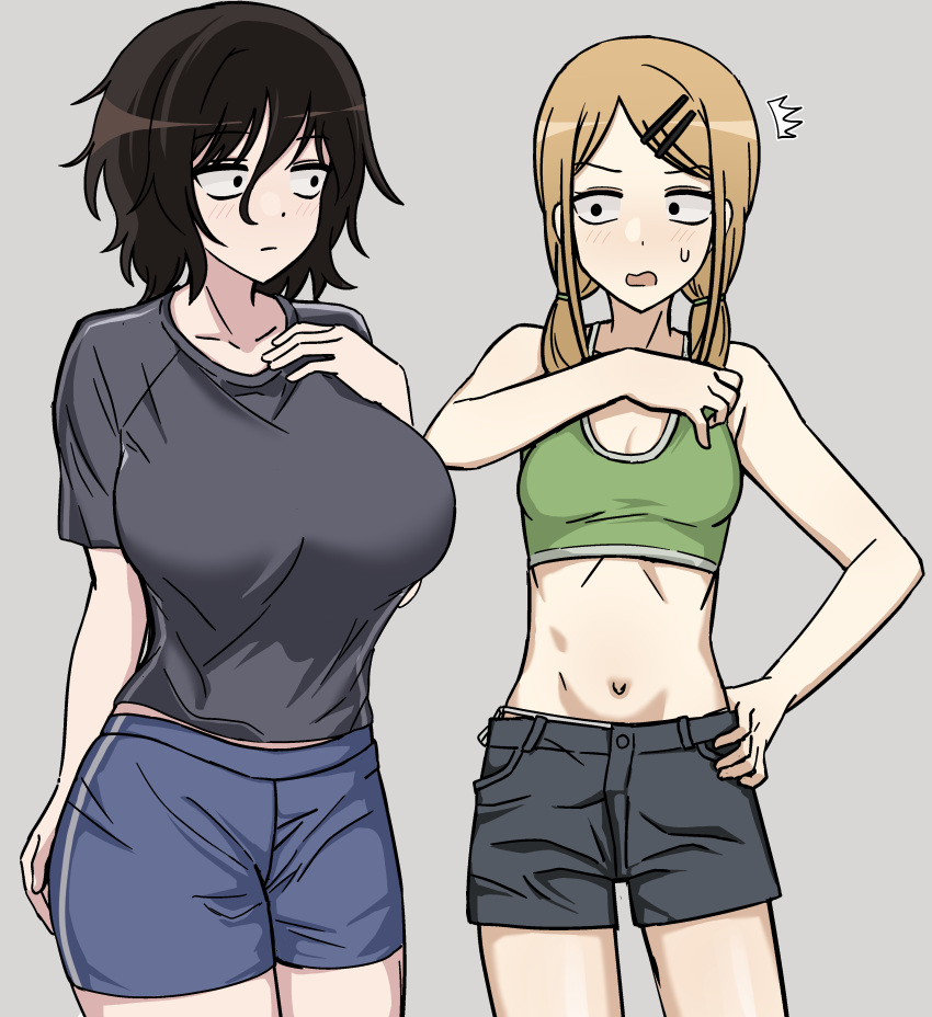 2girls absurdres asai_akira black_hair blonde_hair breast_envy breasts commentary creator_connection crossover dagashi_kashi endou_saya hair_ornament hairclip highres large_breasts messy_hair midriff multiple_girls nankyoku_(gfey8832) panties panty_peek sanpaku shirt short_shorts shorts side-tie_panties simple_background sports_bra t-shirt twintails underwear yofukashi_no_uta