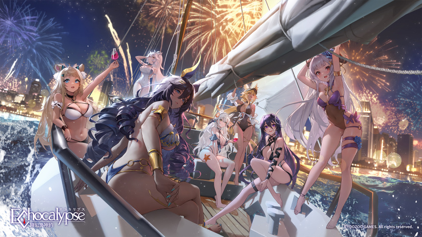 6+girls ahoge animal_ears anubis_(echocalypse) arm_up armlet arms_up artist_request banshee_(echocalypse) barefoot between_legs bikini black_bikini black_headwear black_one-piece_swimsuit blonde_hair blue_bikini blue_eyes blue_eyeshadow blue_flower blue_hair blue_nails blunt_bangs boat breasts brown_hair center_opening cera_(echocalypse) character_request city_lights cityscape cleavage_cutout closed_mouth clothing_cutout commentary copyright copyright_name covered_navel crossed_legs cup curled_horns dark-skinned_female dark_skin drill_hair echocalypse eyeshadow fang fingernails fireworks flower garula_(echocalypse) gold_bracelet gold_trim grey_hair grin hair_between_eyes hair_flower hair_ornament hand_between_legs hand_in_own_hair hand_up highleg highleg_swimsuit highres holding holding_cup horns large_breasts leaning_forward leaning_to_the_side lens_flare long_hair looking_afar looking_at_viewer looking_up makeup medium_breasts multiple_girls nail_polish night nyla_(echocalypse) o-ring o-ring_swimsuit official_art one-piece_swimsuit open_mouth orange_eyes outdoors outstretched_arm parted_lips ponytail purple_eyes purple_hair red_eyes sitting skin_fang smile standing starfish swimsuit teeth thigh_strap toenail_polish toenails two-tone_bikini upper_teeth_only very_long_hair visor_cap water watercraft white_bikini white_hair white_one-piece_swimsuit yellow_eyes yora_(echocalypse)