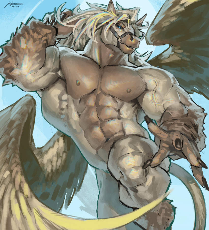 2023 abs alexxxnttt anthro areola barazoku biceps biped bridle digital_media_(artwork) equid equine eyebrows feathered_wings feathers fur hair hi_res male mammal muscular muscular_anthro muscular_male navel nipples nude pecs pegasus pose solo tail vein veiny_muscles white_body white_feathers white_fur white_hair wings