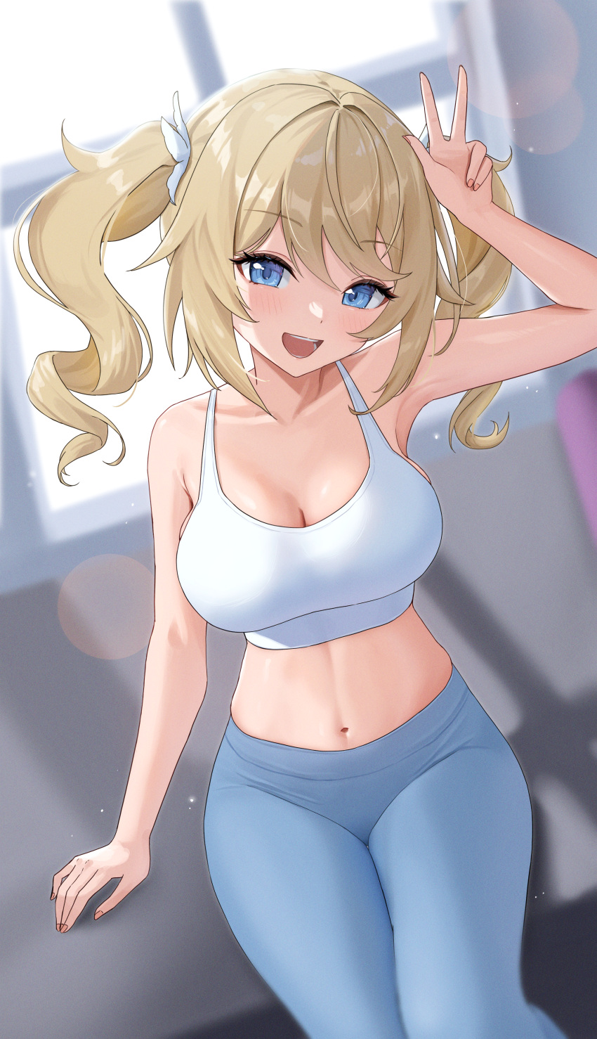 1girl :d absurdres arm_up barbara_(genshin_impact) bare_arms blonde_hair blue_eyes blue_pants blush breasts cleavage collarbone day drill_hair genshin_impact hair_ornament highres indoors large_breasts long_hair looking_at_viewer midriff navel open_mouth pants rinrasetsu sitting smile solo sports_bra stomach twin_drills twintails w white_sports_bra yoga_pants