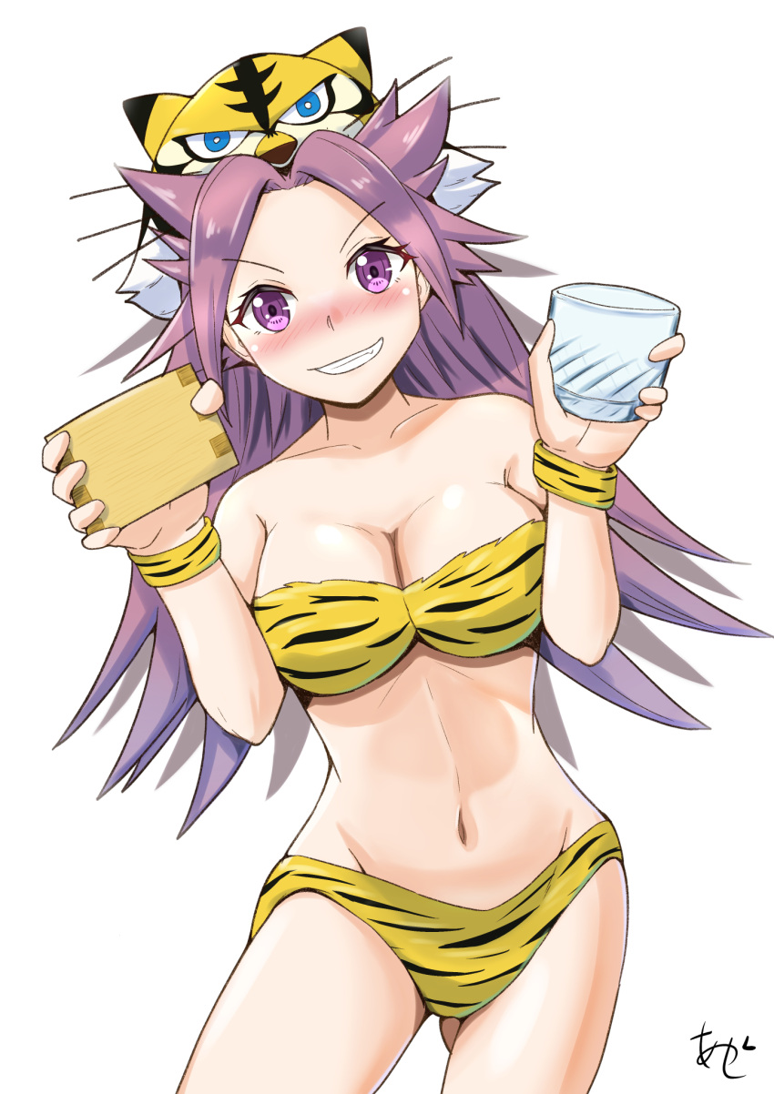 akashieru animal_print bikini blush breasts cleavage cup drinking_glass drunk grin highres jun'you_(kancolle) kantai_collection large_breasts leaning_to_the_side long_hair masu one-hour_drawing_challenge purple_eyes purple_hair simple_background smile spiked_hair strapless strapless_bikini swimsuit tiger_hat tiger_print white_background yellow_bikini