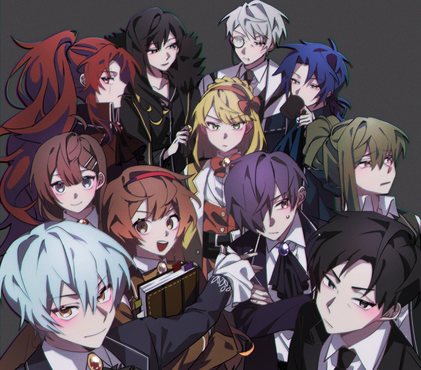 5boys 6+girls ahoge angela_(project_moon) ascot belt binah_(project_moon) black_ascot black_belt black_coat black_dress black_eyes black_hair black_jacket black_necktie blonde_hair blue_hair brooch brown_eyes brown_hair brown_jacket chesed_(project_moon) chromatic_aberration closed_mouth coat collared_shirt commentary commentary_request dress english_commentary film_grain folded_ponytail frown fur-trimmed_coat fur_trim gebura_(project_moon) green_eyes green_hair grey_background grey_hair hair_ornament hair_ribbon hairband hairclip highres hod_(project_moon) hokma_(project_moon) jacket jewelry library_of_ruina light_blue_hair long_hair long_sleeves malkuth_(project_moon) monocle multiple_belts multiple_boys multiple_girls neck_ribbon necktie netzach_(project_moon) open_clothes open_coat open_mouth orange_brooch orange_dress orange_hairband orange_ribbon ponytail project_moon purple_brooch purple_hair red_brooch red_hair red_hairband red_jacket ribbon roland_(library_of_ruina) scar scar_across_eye shirt short_hair simple_background single_sidelock smile solo_a suit sweat teeth tiphereth_a_(project_moon) upper_teeth_only white_shirt yellow_brooch yellow_coat yesod_(project_moon)