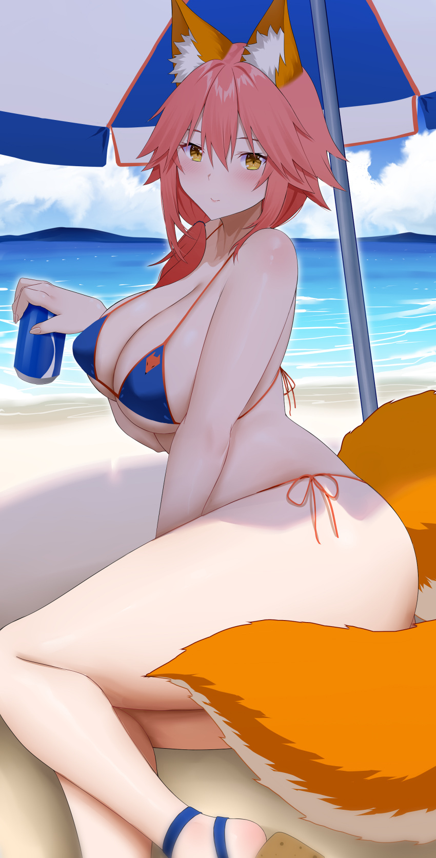 1girl absurdres animal_ear_fluff animal_ears arind_yudha bare_arms bare_shoulders beach bikini blue_bikini blue_sky breasts can cleavage closed_mouth cloud cloudy_sky commentary fate/grand_order fate_(series) fingernails fox_ears fox_girl fox_print fox_tail hair_between_eyes highres holding holding_can huge_breasts legs light_smile lips looking_at_viewer ocean orange_trim outdoors parasol pink_hair sand side-tie_bikini_bottom sky solo swimsuit tail tamamo_(fate) tamamo_no_mae_(fate/extra) tamamo_no_mae_(swimsuit_lancer)_(fate) thighs umbrella yellow_eyes