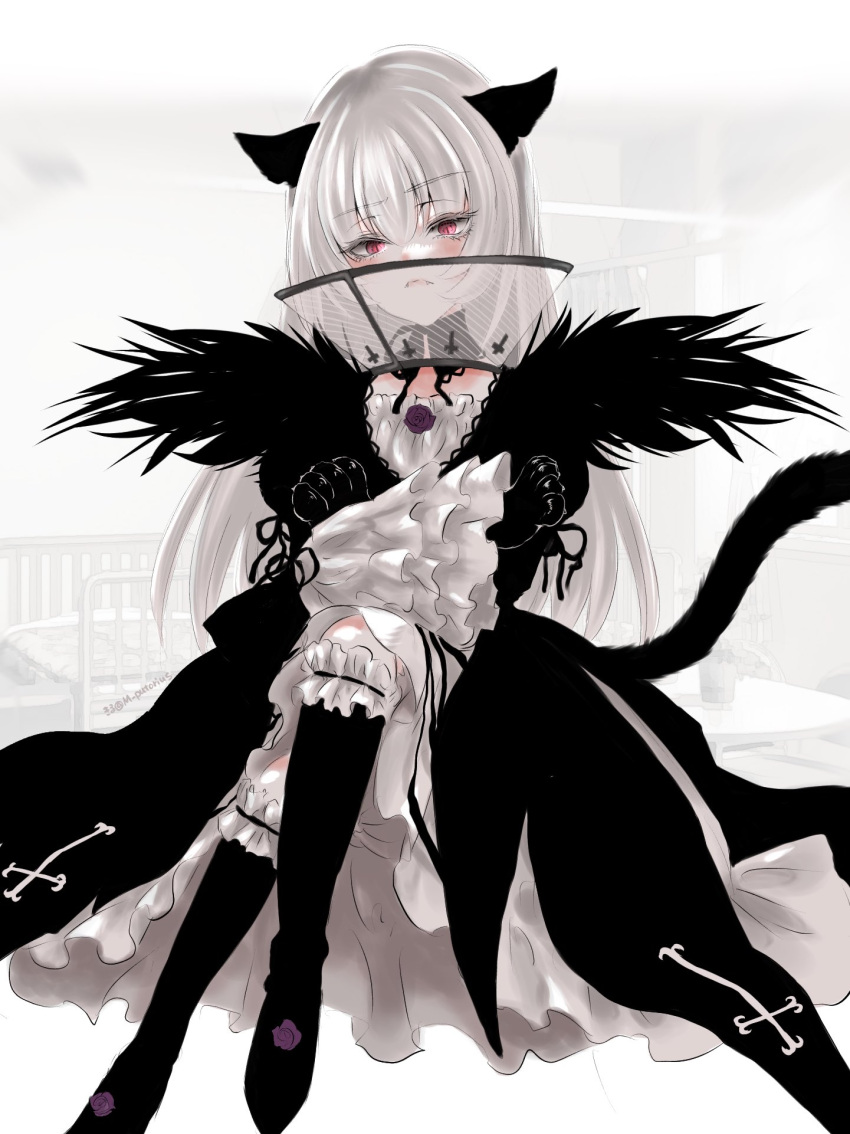 1girl animal_ears animal_hands black_dress black_footwear black_wings blush boots cat_ears cat_girl cat_paws cat_tail crossed_arms crossed_legs dress frilled_sleeves frills gothic_lolita grey_hair highres kiru_(m_putorius) lolita_fashion long_hair looking_at_viewer pet_cone pink_eyes rozen_maiden solo suigintou tail wide_sleeves wings