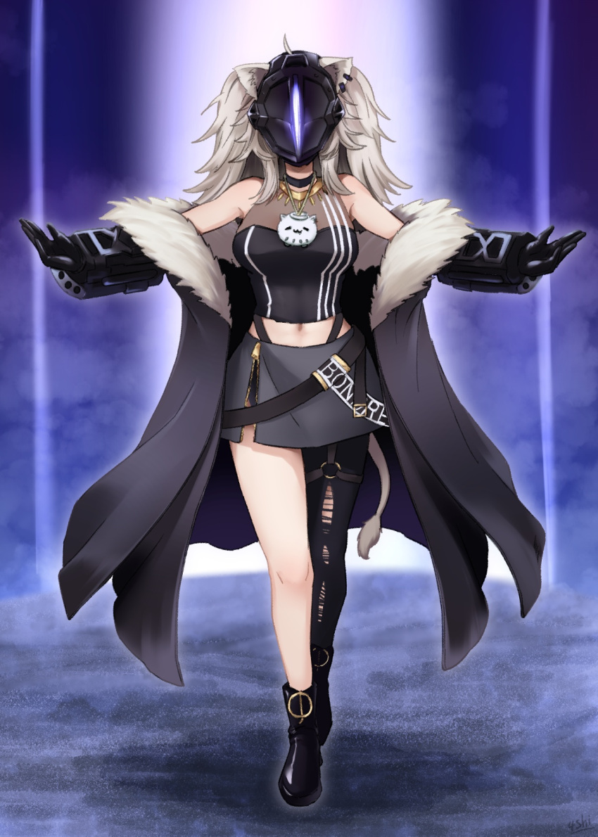 1girl 4shi animal_ears belt black_choker black_coat black_footwear black_gloves boots breasts choker coat commentary_request full_body fur-trimmed_coat fur_trim gloves grey_hair highres hololive jewelry large_breasts lion_ears lion_girl lion_tail mask miniskirt navel outstretched_arms pendant shishiro_botan single_thighhigh skirt solo ssrb_(shishiro_botan) tail thighhighs torn_clothes torn_thighhighs virtual_youtuber