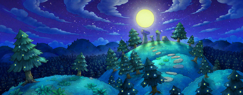 artist_request cloud commentary english_commentary forest full_moon fushigi_no_dungeon game_cg glowing grass hill moon moonlight moss mountainous_horizon nature night no_humans official_art outdoors path pine_tree pokemon pokemon_(game) pokemon_mystery_dungeon purple_sky road rock scenery sky star_(sky) starry_sky third-party_source tree wide_shot