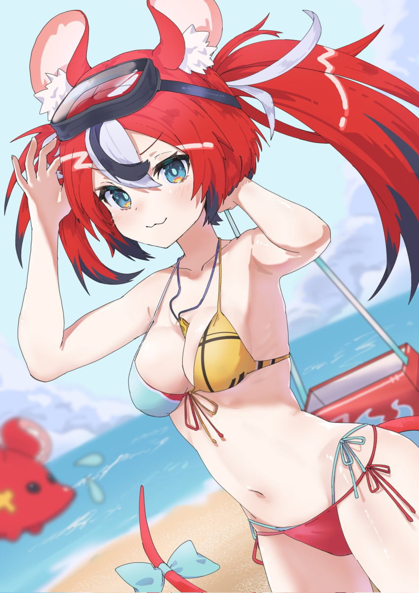 1girl :3 angeldu animal_ears beach bikini black_hair blue_eyes breasts goggles goggles_on_head hair_ornament hakos_baelz highres hololive hololive_english jewelry long_hair looking_at_viewer midriff mouse_ears mouse_girl mouse_tail multi-strapped_bikini multicolored_hair navel necklace ocean outdoors red_hair sky solo streaked_hair swimsuit tail twintails two-tone_bikini virtual_youtuber white_hair