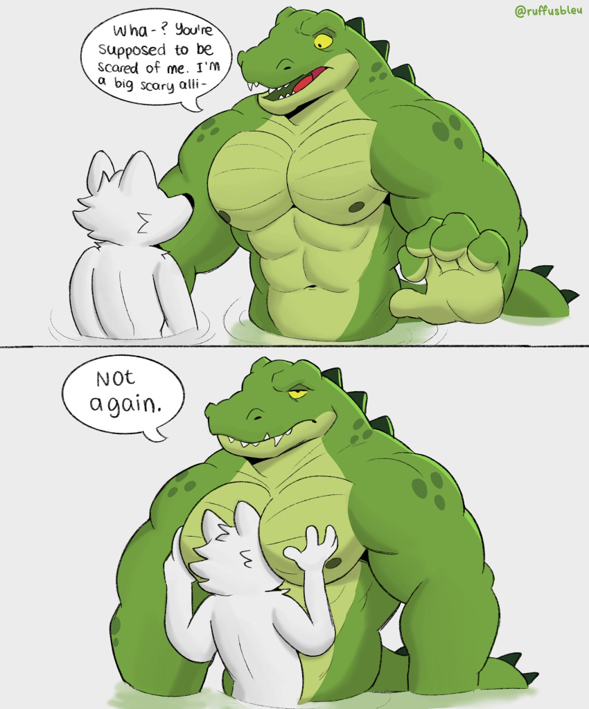 anthro crocodile crocodilian crocodylid dialogue embrace face_on_chest fangs hi_res hug male muscular muscular_male nipples non-mammal_nipples reptile ruffusbleu scalie sharp_teeth simple_background teeth yellow_eyes