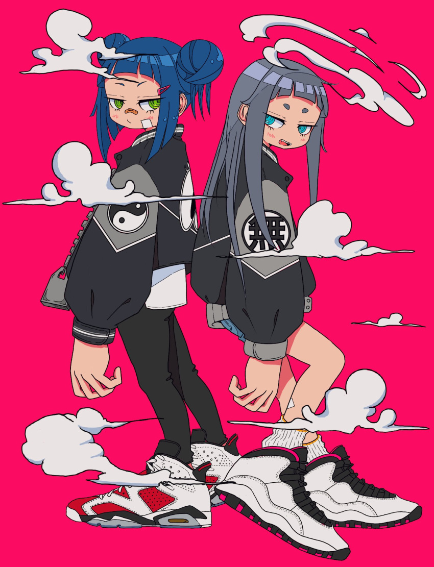 2girls back-to-back bandaid bandaid_on_cheek bandaid_on_face bandaid_on_leg bandaid_on_nose black_jacket black_leggings blue_hair blue_shorts closed_mouth cloud commentary double_bun from_side full_body green_eyes grey_hair hair_bun hair_ornament hairclip highres jacket leggings long_hair long_sleeves looking_at_viewer looking_to_the_side multiple_girls nao97122 open_clothes open_jacket original pink_background print_jacket red_footwear ringed_eyes shoes short_hair shorts sidelocks simple_background sneakers socks standing straight_hair streetwear symbol-only_commentary white_footwear white_socks yin_yang yin_yang_print zipper zipper_pull_tab