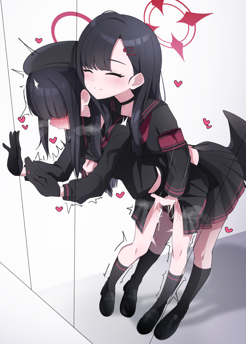 2girls absurdres against_wall armband beret black_choker black_footwear black_gloves black_hair black_headwear black_sailor_collar black_serafuku black_shirt black_skirt black_socks black_wings blue_archive blush choker closed_eyes closed_mouth commentary_request feathered_wings fingering fingering_from_behind gloves grabbing grabbing_another's_breast grabbing_from_behind hair_ornament hair_over_eyes hairclip halo hat heart highres ichika_(blue_archive) justice_task_force_member_(blue_archive) kagami_moch kneehighs leaning_forward long_hair low_wings miniskirt multiple_girls open_mouth pleated_skirt pussy_juice reach-around red_armband red_halo sailor_collar sailor_shirt saliva saliva_trail school_uniform serafuku shirt shoes sidelocks skirt smile socks split_mouth tongue tongue_out trembling wings yuri