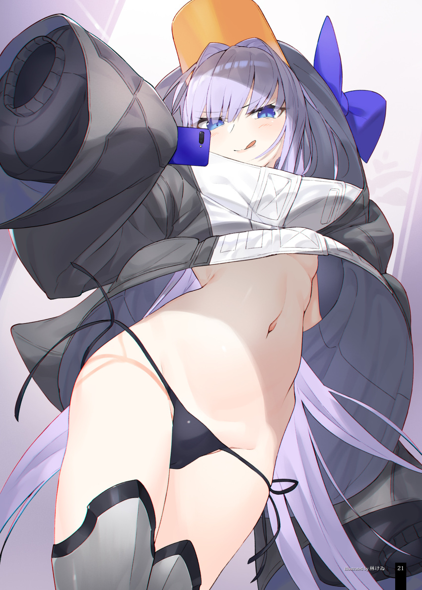 1girl absurdres animal_costume animal_hood bikini bird black_bikini black_jacket blue_bow blue_eyes bow breasts fate/grand_order fate_(series) hayashi_kewi highres hood hooded_jacket jacket licking_lips looking_at_viewer meltryllis_(swimsuit_lancer)_(first_ascension)_(fate) navel non-web_source penguin penguin_costume penguin_hood prosthesis prosthetic_leg purple_hair side-tie_bikini_bottom sleeves_past_fingers sleeves_past_wrists small_breasts solo swimsuit tongue tongue_out