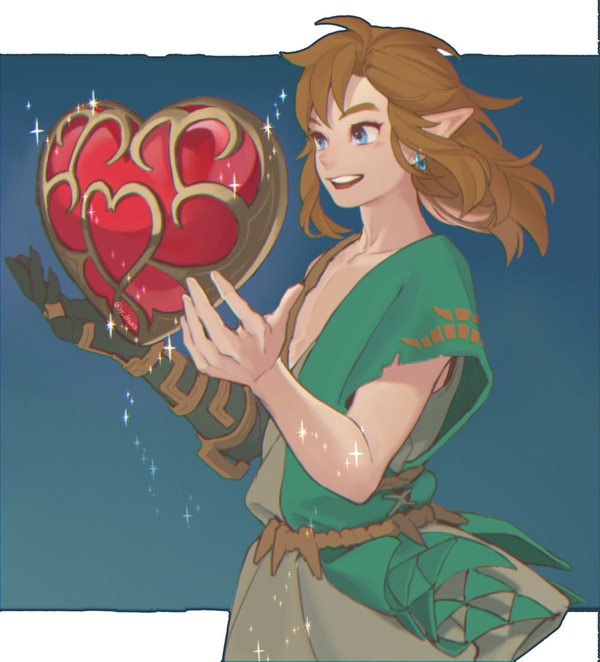 1boy :d artist_name belt black_skin blonde_hair blue_eyes brown_belt colored_skin cowboy_shot floating floating_object from_side gradient_background hands_up heart heart_container highres ivy_(sena0119) link long_hair pointy_ears short_sleeves smile solo sparkle teeth the_legend_of_zelda the_legend_of_zelda:_tears_of_the_kingdom upper_teeth_only white_background