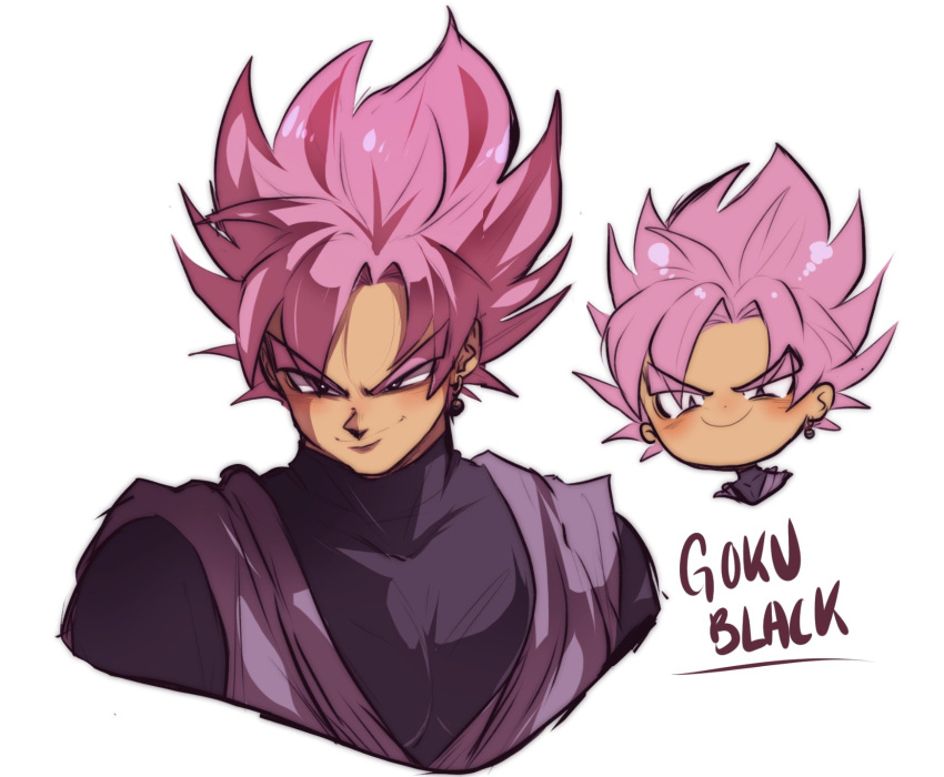 1boy blush chibi chibi_inset closed_mouth cropped_torso dragon_ball dragon_ball_super earrings goku_black highres jewelry male_focus pink_eyebrows pink_hair potara_earrings sara_(dbzsenpai) smirk solo spiked_hair super_saiyan super_saiyan_rose upper_body