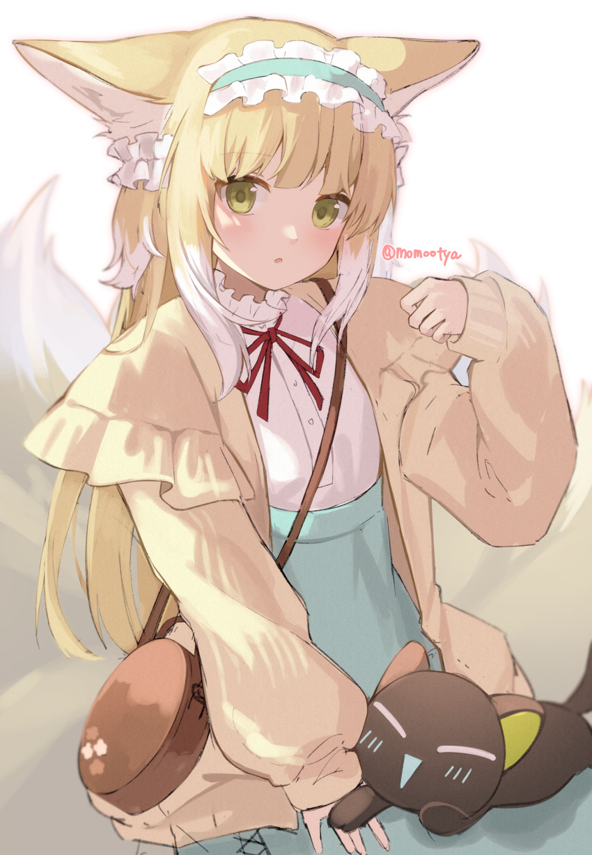 1girl :o absurdres animal animal_ear_fluff animal_ears arknights bag black_cat blonde_hair blue_hairband blue_skirt cat commentary_request crossover fox_ears fox_girl fox_tail frilled_hairband frills green_eyes hairband hand_up high-waist_skirt highres long_hair long_sleeves looking_at_viewer luo_xiaohei luo_xiaohei_zhanji multicolored_hair neck_ribbon parted_lips puffy_long_sleeves puffy_sleeves red_ribbon ribbon shirt shoulder_bag simple_background skirt sleeves_past_wrists sumomooekaki suzuran_(arknights) suzuran_(spring_praise)_(arknights) tail twitter_username two-tone_hair very_long_hair white_background white_hair white_shirt