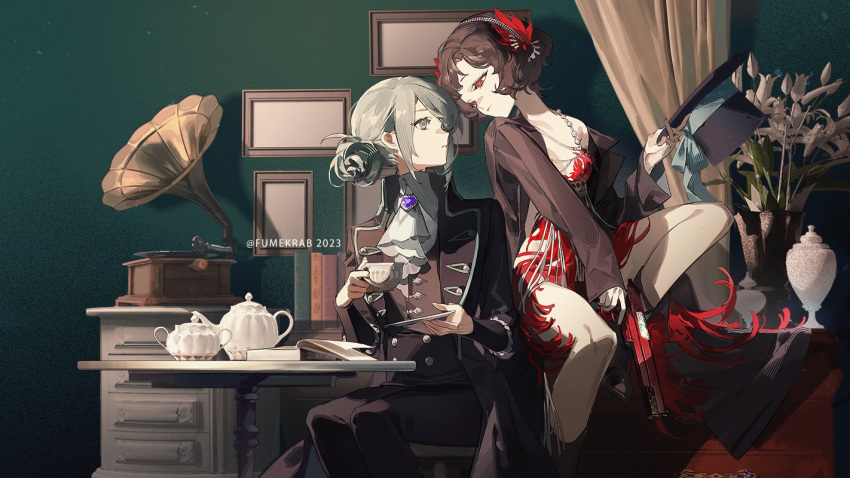 2girls artist_name bare_legs bare_shoulders black_jacket black_suit blonde_hair blue_ribbon book brown_eyes brown_hair chair closed_mouth closet cup curtains dress flower gun hair_between_eyes hairband hat holding holding_gun holding_plate holding_weapon instrument jacket jewelry krab_(fumekrab) long_hair long_sleeves looking_at_another medium_hair multiple_girls necklace open_clothes open_jacket parted_bangs picture_frame plant plate ponytail reverse:1999 ribbon schneider_(reverse:1999) shelf short_hair smile suit table teacup teapot vase vertin_(reverse:1999) wall weapon yellow_eyes