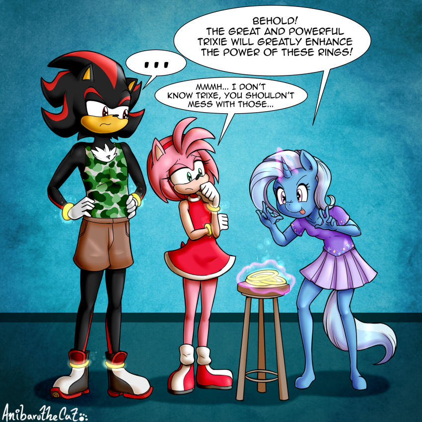 1:1 2023 absurd_res amy_rose anibaruthecat anthro clothed clothing dialogue digital_media_(artwork) ellipsis english_text equid equine eulipotyphlan eyebrows eyelashes female fingers footwear friendship_is_magic furniture group hasbro hedgehog hi_res horn mammal my_little_pony sega shadow_the_hedgehog sonic_the_hedgehog_(series) speech_bubble stool text tongue tongue_out trixie_(mlp) unicorn young