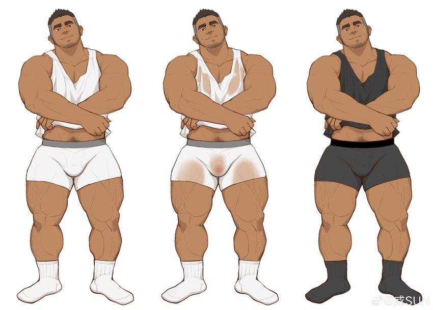 1boy absurdres bara beard_stubble black_socks black_tank_top boxers bulge chinstrap_beard come_hither grey_hair head_tilt highres large_pectorals long_sideburns looking_at_viewer male_focus male_underwear mature_male midriff_peek multicolored_hair multiple_views muscular muscular_male navel navel_hair pectoral_cleavage pectorals penis penis_peek seductive_smile see-through shirt short_hair sideburns smile socks standing stomach strongman_waist tank_top thick_eyebrows thick_thighs thighs two-tone_hair undercut underwear undressing weisun_(leoooliooon) wet wet_clothes wet_male_underwear wet_shirt white_male_underwear white_socks white_tank_top