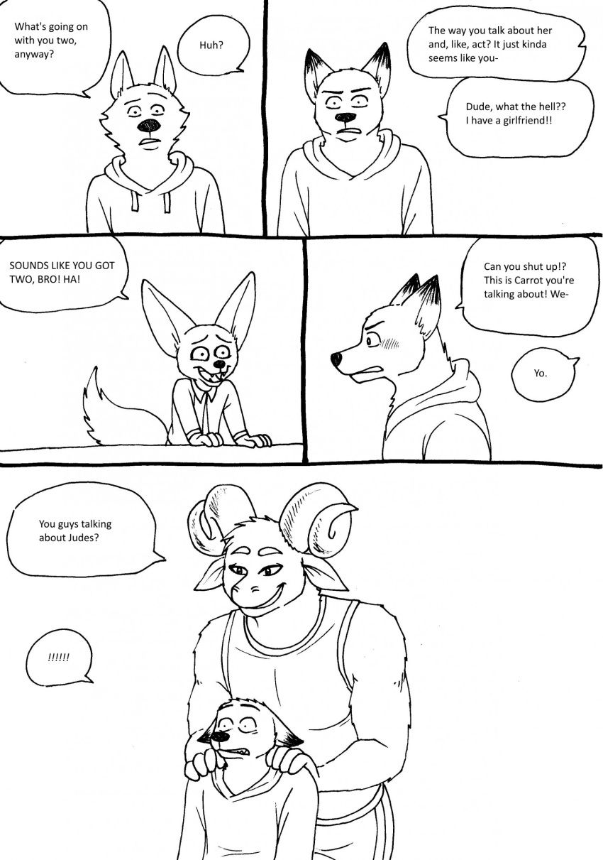 2023 5_fingers anthro bernielover bovid canid canine canis caprine claws clothed clothing comic dialogue disney english_text fennec fingers finnick_(zootopia) fox fur group hi_res hoodie humanoid_hands male mammal nick_wilde shirt speech_bubble surprise tank_top text topwear wolf zootopia