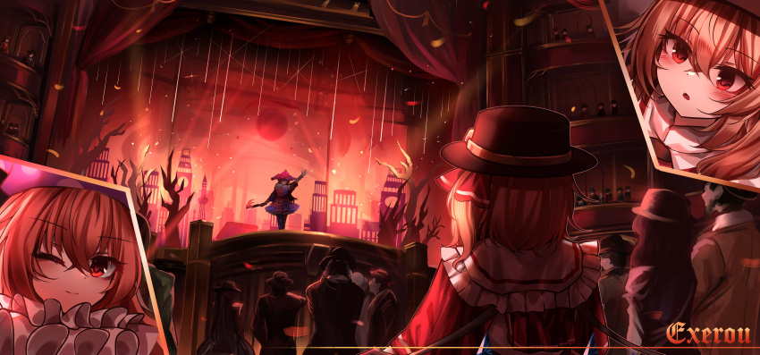 2girls 6+others ;) absurdres arm_up black_headwear blonde_hair closed_mouth clownpiece commentary_request curtains flandre_scarlet hat highres holding holding_torch jester_cap looking_at_viewer multiple_girls multiple_others one_eye_closed outdoors red_eyes signature smile standing top-exerou torch touhou