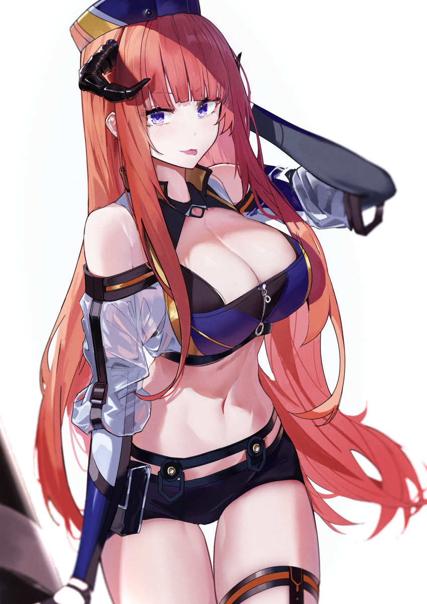 1girl absurdres arknights bagpipe_(arknights) bagpipe_(queen_no._1)_(arknights) bare_shoulders belt_pouch black_shirt black_shorts blue_shirt blurry breasts cleavage cleavage_cutout closed_mouth clothing_cutout cowboy_shot crop_top detached_sleeves hand_up hat highres horns large_breasts long_hair long_sleeves looking_at_viewer maanu micro_shorts midriff navel official_alternate_costume orange_hair pouch purple_eyes race_queen see-through see-through_sleeves shirt short_shorts shorts simple_background smile solo stomach thigh_strap thighs tongue tongue_out very_long_hair white_background zipper zipper_pull_tab