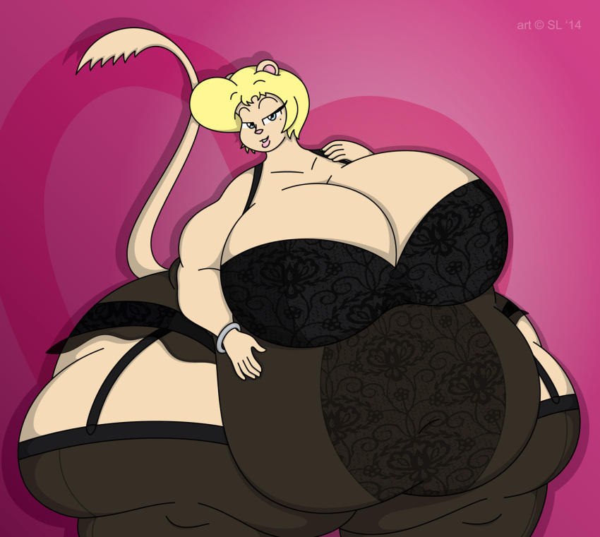 2014 anthro beauty_mark bedroom_eyes belly big_belly big_breasts big_butt blonde_hair blue_eyes bracelet breasts butt clothing copyright_symbol digital_media_(artwork) female gerbil hair hi_res huge_breasts huge_thighs jewelry legwear lingerie mammal murid narrowed_eyes navel_outline obese obese_anthro obese_female overweight overweight_anthro overweight_female rodent sandy_(satsumalord) satsumalord seductive solo stockings symbol thick_thighs