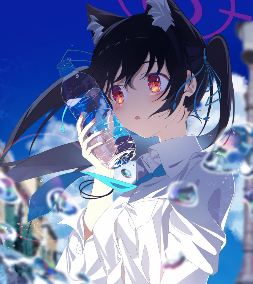 1girl alpha_beast animal_ears black_hair blue_archive blue_necktie blush bottle breasts buttons cat_ears collared_shirt day extra_ears fingernails halo highres holding holding_bottle long_hair medium_breasts necktie open_mouth outdoors red_eyes red_halo serika_(blue_archive) shirt solo upper_body water water_bottle water_drop white_shirt