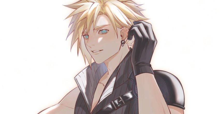 1boy belt_buckle black_gloves blonde_hair blue_eyes buckle cloud_strife collarbone commentary_request earrings final_fantasy final_fantasy_vii final_fantasy_vii_advent_children gloves hand_up hao_xiang_yishui_bu_xing highres jewelry light_smile male_focus parted_lips popped_collar ribbed_shirt shirt short_hair shoulder_belt single_bare_shoulder single_shoulder_pad sleeveless sleeveless_shirt solo spiked_hair stud_earrings upper_body white_background zipper