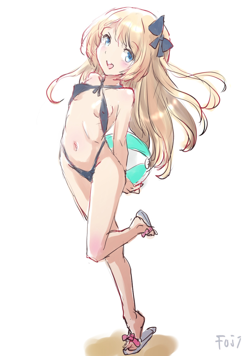 1girl arms_behind_back ball beachball blonde_hair blue_eyes breasts criss-cross_halter fuji_(pixiv24804665) full_body halterneck highres jervis_(kancolle) kantai_collection long_hair open_mouth round_teeth sandals slingshot_swimsuit small_breasts smile solo swimsuit teeth upper_teeth_only