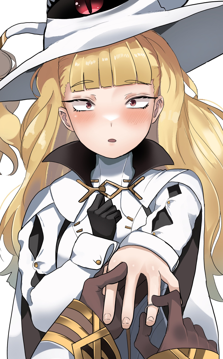 1girl 1other absurdres black_gloves blonde_hair blush commission commissioner_upload eitri_(fire_emblem) fire_emblem fire_emblem_heroes gloves hand_on_own_chest hat highres jewelry kiran_(fire_emblem) non-web_source open_mouth ring surprised wedding_ring white_headwear witch_hat zd_(pixiv6210083)