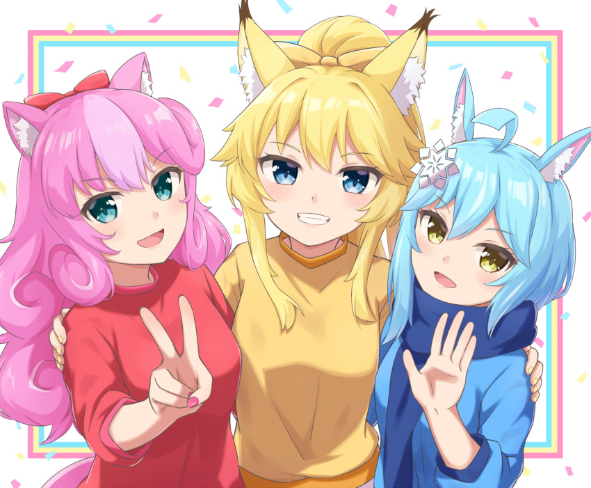 accessory animal_humanoid blonde_hair blue_eyes blue_hair blush breasts canid canid_humanoid canine canine_humanoid cat_humanoid clothing confetti domestic_cat felid felid_humanoid feline feline_humanoid felis female fluffy_ears fox fox_humanoid group hair hair_accessory hi_res humanoid lagomorph lagomorph_humanoid leporid leporid_humanoid machikado07 mammal mammal_humanoid open_mouth pink_hair rabbit rabbit_humanoid rararin_(show_by_rock!!) sanrio shirt show_by_rock!! simple_background smile sumomone_(show_by_rock!!) sweater t-shirt teeth topwear trio uiui_(show_by_rock!!) yellow_eyes