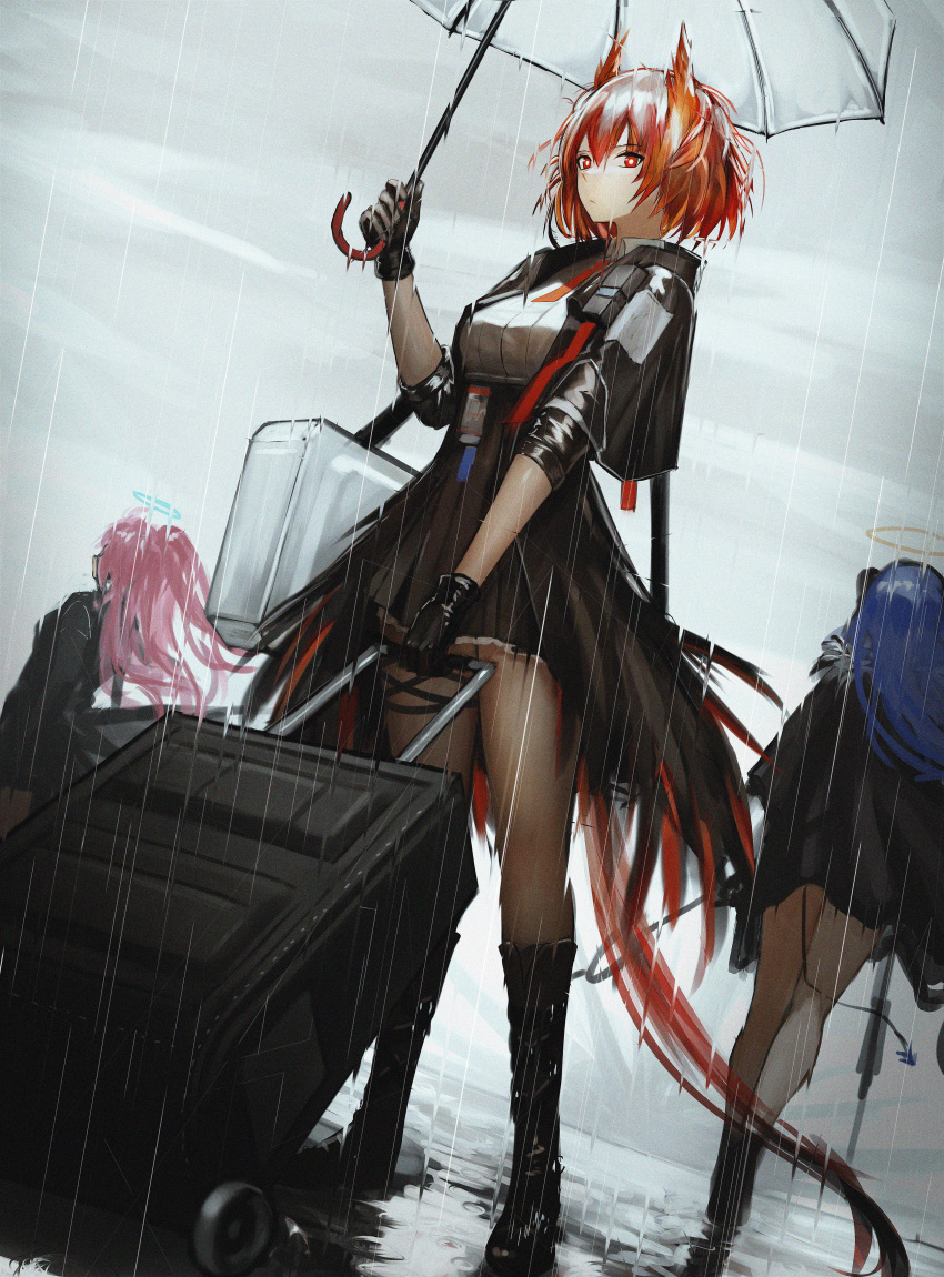 3girls absurdres animal_ears arknights bird_ears bird_girl bird_tail black_coat black_footwear black_gloves black_jacket black_skirt blue_hair boots breasts closed_mouth cloud cloudy_sky coat cropped_jacket day demon_girl demon_horns demon_tail fiammetta_(arknights) full_body ganet_p gloves halo high-waist_skirt highres holding holding_umbrella horns jacket knee_boots large_breasts long_hair long_sleeves looking_at_viewer multiple_girls necktie open_clothes open_jacket outdoors pink_hair rain red_eyes red_hair red_necktie rolling_suitcase short_hair skirt sky solo_focus standing suitcase tail umbrella