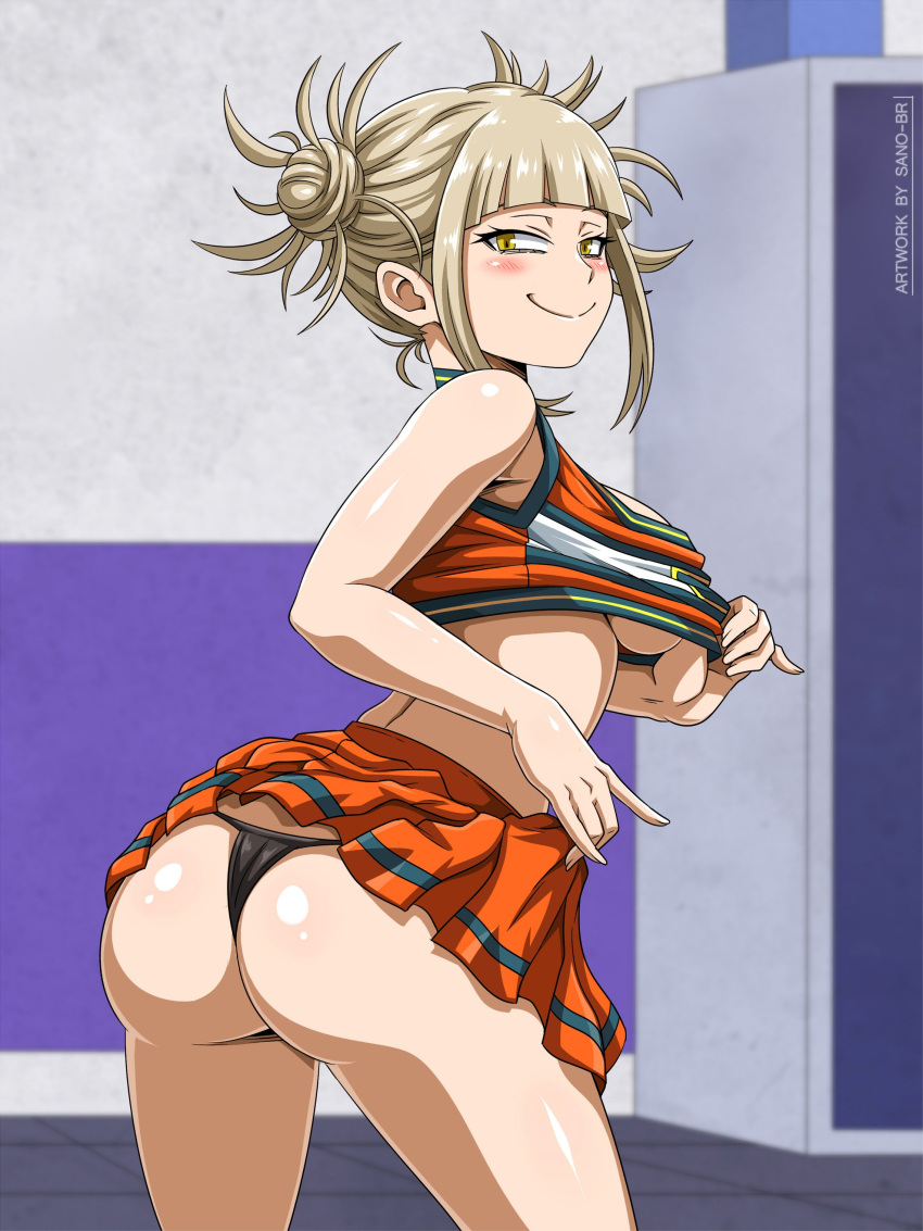 1girl absurdres ass black_panties blonde_hair blunt_bangs blush boku_no_hero_academia breasts cheerleader crazy_smile crop_top double_bun from_behind hair_bun highres looking_at_viewer medium_breasts messy_hair midriff panties sano_br shirt short_hair sidelocks skirt sleeveless sleeveless_shirt smile solo thighs thong toga_himiko u.a._cheerleader_uniform underboob underwear yellow_eyes