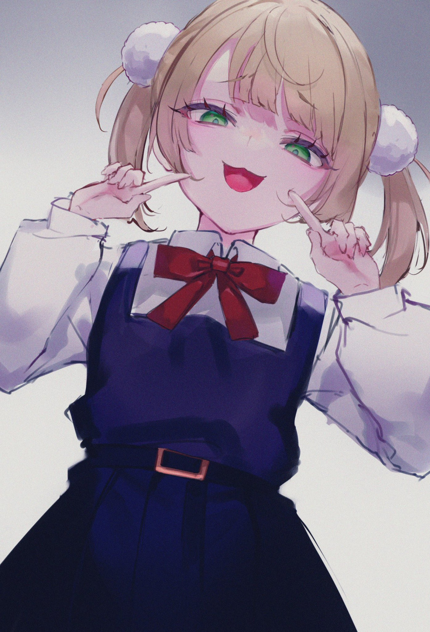 1girl :3 aged_down belt black_belt blonde_hair blue_skirt blue_vest blunt_bangs bow bowtie collared_shirt finger_to_cheek from_below gesugao gradient_background green_eyes hair_ornament hands_up highres indie_virtual_youtuber long_sleeves looking_at_viewer mile_(off8mile) open_mouth pleated_skirt pom_pom_(clothes) pom_pom_hair_ornament puffy_long_sleeves puffy_sleeves red_bow red_bowtie school_uniform shigure_ui_(vtuber) shigure_ui_(young)_(vtuber) shirt shukusei!!_loli-gami_requiem simple_background skirt smile smug solo twintails upper_body vest white_background white_shirt