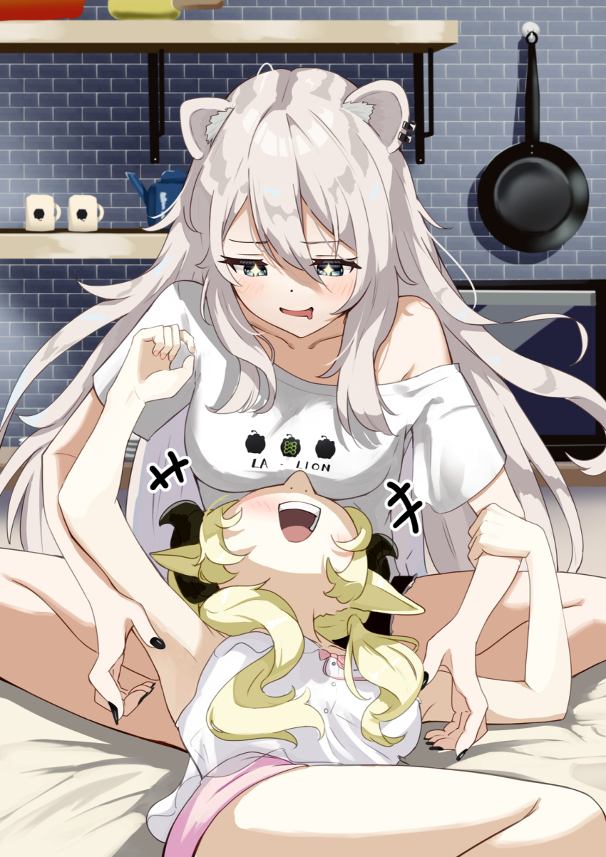 +_+ 2girls ahoge animal_ears armpits blonde_hair breasts camisole commentary_request drooling ear_piercing grey_hair hair_between_eyes highres hololive horns kitchen lion_ears long_hair low_twintails medium_breasts messy_hair mouth_drool multiple_girls official_alternate_costume official_alternate_hair_length official_alternate_hairstyle piercing pink_shorts sheep_ears sheep_horns shirt shishiro_botan shishiro_botan_(4th_costume) short_shorts shorts sidelocks t-shirt taachika tickling tsunomaki_watame tsunomaki_watame_(5th_costume) twintails very_long_hair virtual_youtuber white_camisole white_shirt yuri