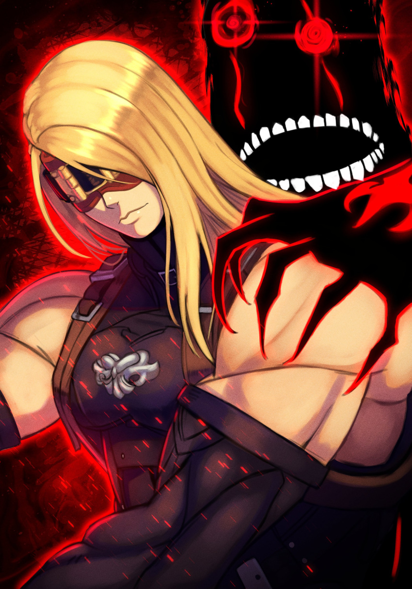 1boy absurdres bare_shoulders black_gloves blind blonde_hair bodysuit eddie_(guilty_gear) gloves guilty_gear guilty_gear_strive highres long_hair male_focus monster muscular muscular_male red_blindfold silverchariotx sleeveless sleeveless_bodysuit very_long_hair zato-1