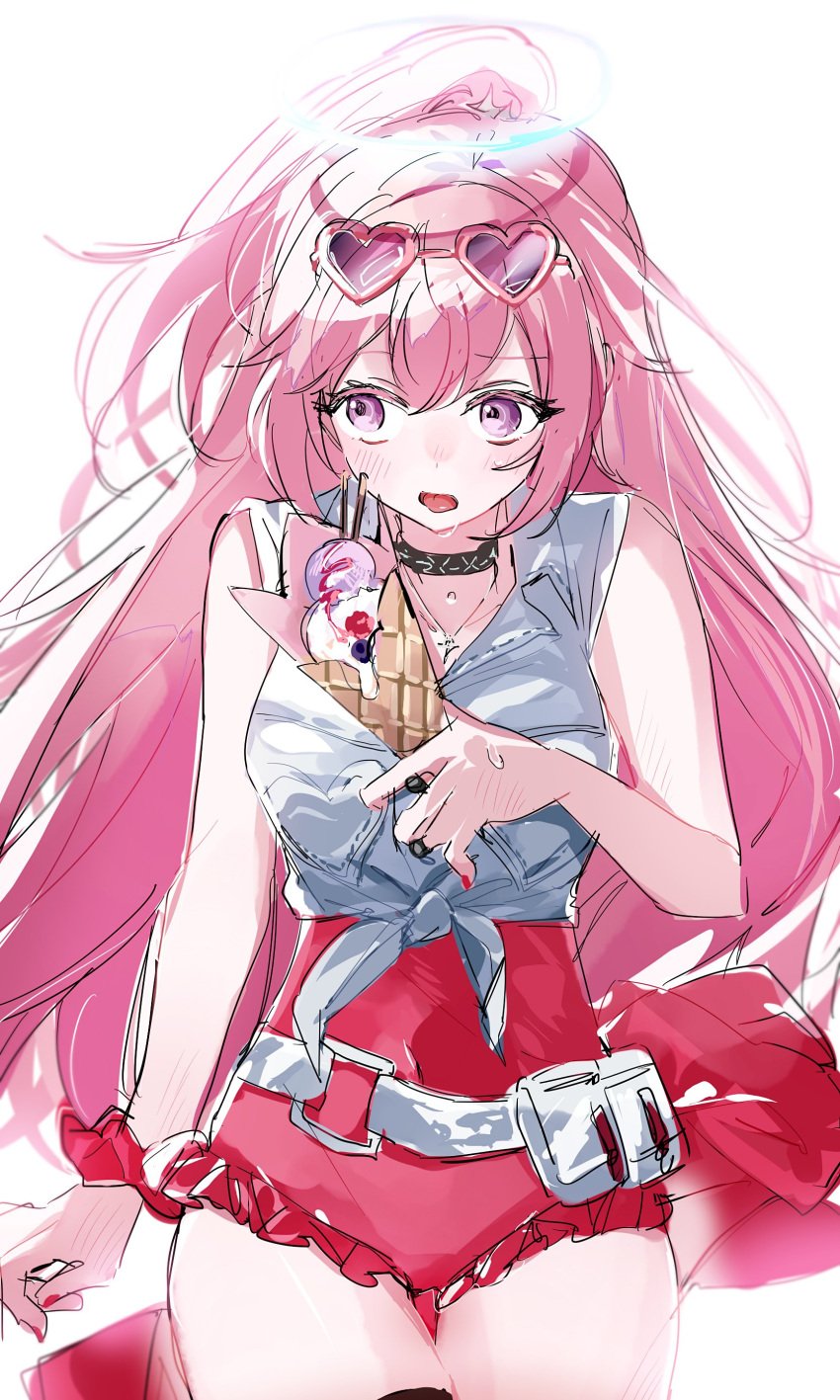 1girl absurdres ambriel_(arknights) ambriel_(holiday)_(arknights) arknights belt_pouch cropped_torso eyewear_on_head food halo heart heart-shaped_eyewear highres hikarupig holding holding_food holding_ice_cream ice_cream ice_cream_cone infection_monitor_(arknights) light_blush long_hair official_alternate_costume one-piece_swimsuit open_mouth pink-framed_eyewear pink_eyes pink_hair pouch red_one-piece_swimsuit shirt simple_background sleeveless sleeveless_shirt solo swimsuit very_long_hair white_background white_shirt