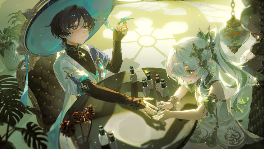 1boy 1girl absurdres black_hair blue_eyes bottle bracelet chair commentary detached_sleeves dress flower genshin_impact gold_trim green_eyes hat highres jewelry multicolored_hair nahida_(genshin_impact) nail_polish painting_nails scaramouche_(genshin_impact) sitting streaked_hair table tuzhate wanderer_(genshin_impact) white_dress white_hair