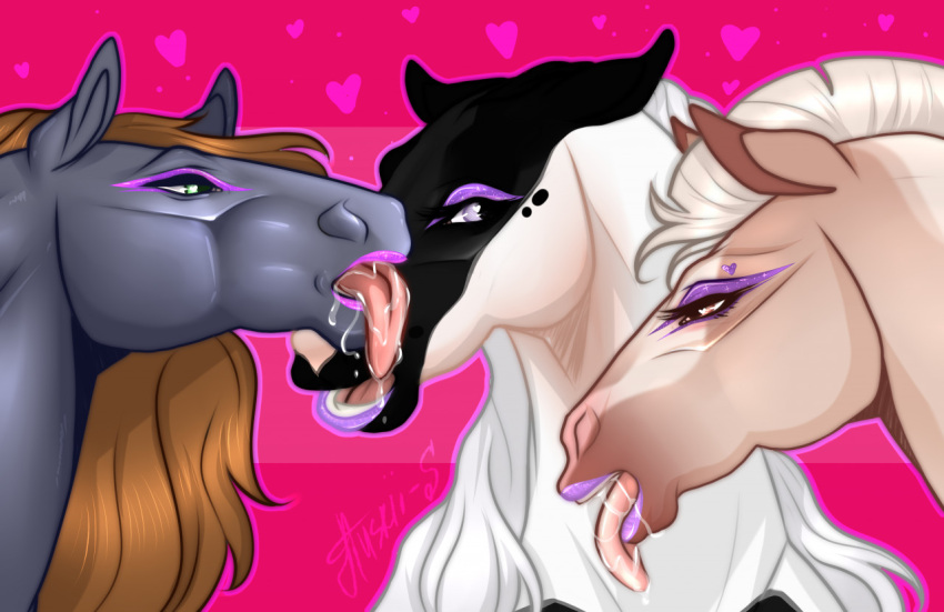 black_body black_ears bodily_fluids brown_ears brown_eyes drooling ears_back equid equine female feral glistening glistening_eyes green_eyes grey_body grey_ears group horse huskii-s makeup mammal open_mouth pivoted_ears purple_eyes red_background saliva saliva_on_chin saliva_on_tongue signature simple_background tan_body tan_ears teeth trio white_body