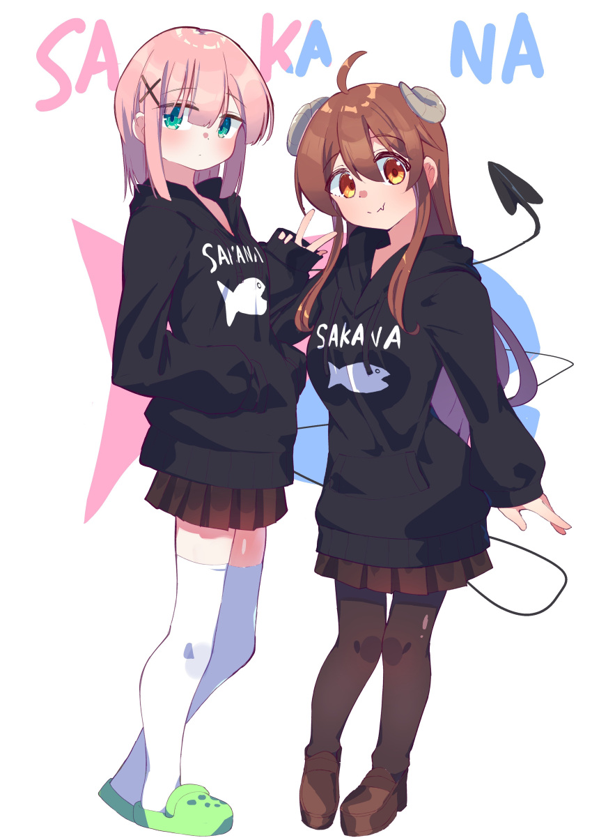 2girls absurdres ahoge animal_print black_hoodie blunt_bangs brown_eyes brown_footwear brown_hair brown_pantyhose brown_skirt chiyoda_momo closed_mouth commentary_request crocs demon_horns demon_tail dot_mouth dot_nose fang fish fish_print full_body green_eyes green_footwear hair_between_eyes hand_up hands_in_pockets highres hood hoodie horns light_blush loafers long_hair long_sleeves machikado_mazoku medium_hair multiple_girls over-kneehighs pantyhose pink_hair pleated_skirt shimeji_wyvern shoes simple_background skin_fang skirt socks tail thighhighs v white_background white_socks yoshida_yuuko_(machikado_mazoku)