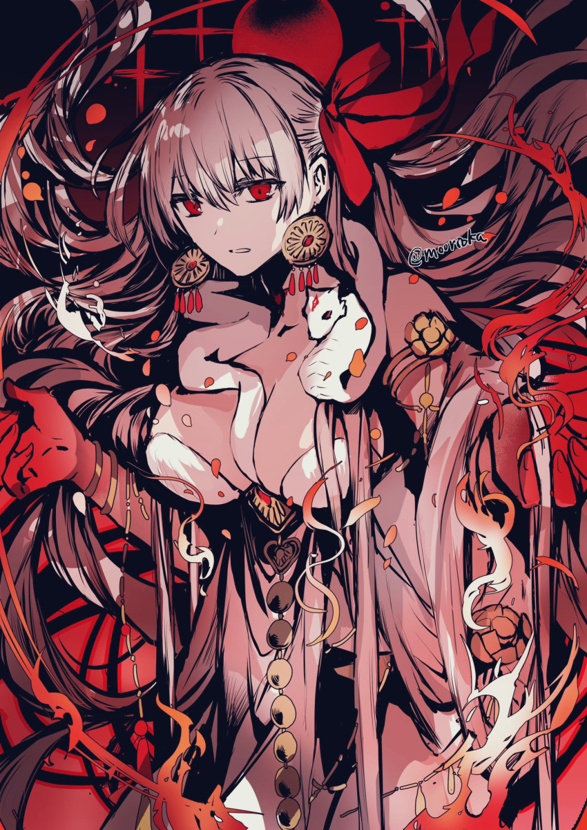1girl armlet bare_shoulders belly_chain body_markings bracelet breasts cleavage colored_skin durga_(fate) earrings fate/grand_order fate_(series) gradient_skin grey_hair hair_ribbon highres jewelry large_breasts long_hair looking_at_viewer pelvic_curtain red_eyes red_skin revealing_clothes ribbon rioka_(southern_blue_sky) sash snake solo thighs very_long_hair