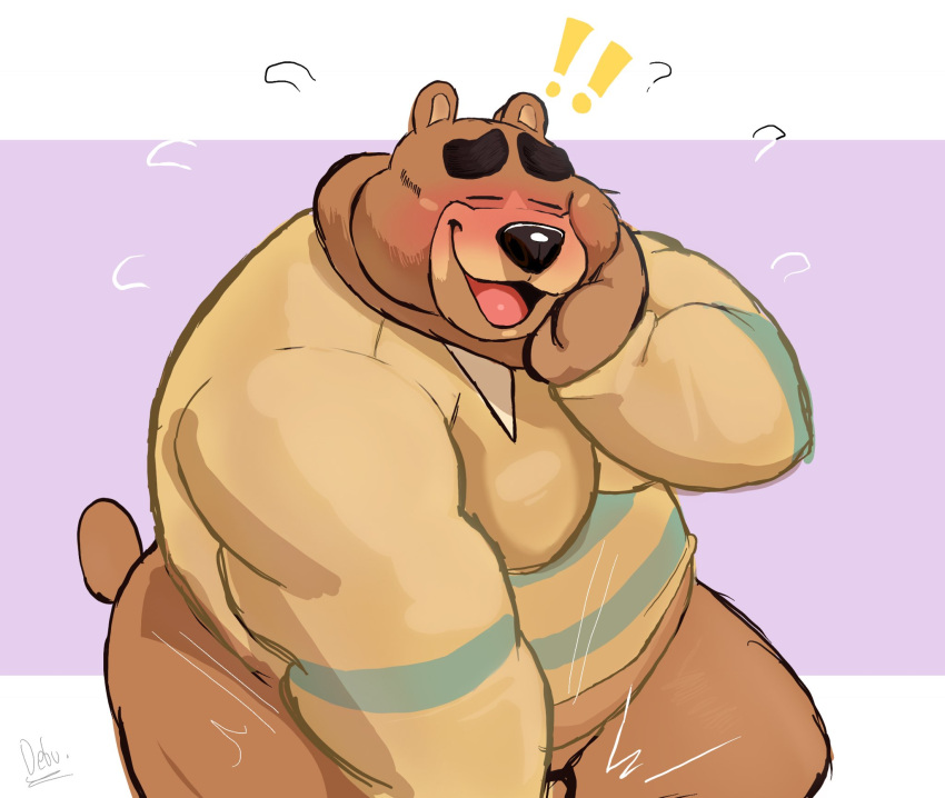 2023 animal_crossing anthro barely_visible_genitalia barely_visible_penis bear belly big_belly black_nose blush brown_body clothing debudraws eyes_closed genitals hi_res male mammal nintendo overweight overweight_male penis shirt solo teddy_(animal_crossing) topwear